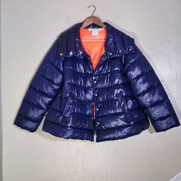 Gretchen Scott Navy Puffer Jacket with Orange Lining - Picture 1 of 5